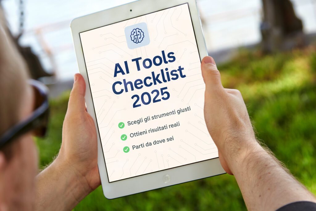 Due mani che sorreggono un Ipad con all'interno scritto Aitools checklist 2025