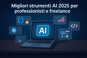 Blog Laptop moderno con icone di intelligenza artificiale e testo “Migliori strumenti AI 2025 per professionisti e freelance”.