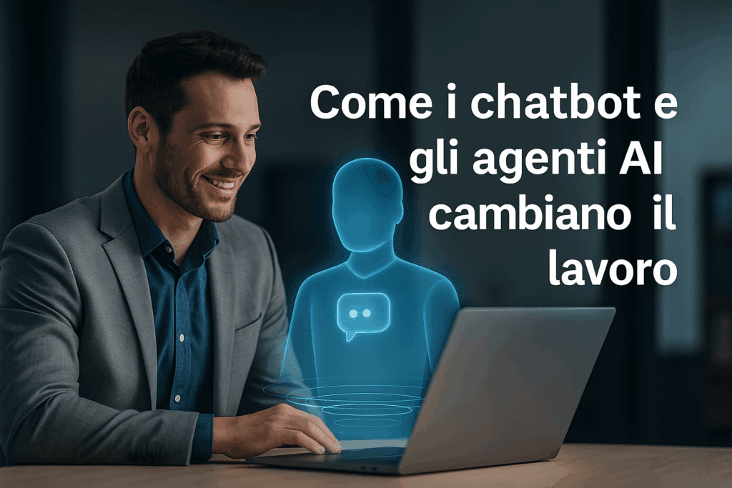 Professionista che interagisce con un assistente virtuale olografico, simbolo della collaborazione tra uomo e intelligenza artificiale nel mondo del lavoro.