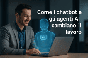 Blog Professionista che interagisce con un assistente virtuale olografico, simbolo della collaborazione tra uomo e intelligenza artificiale nel mondo del lavoro.