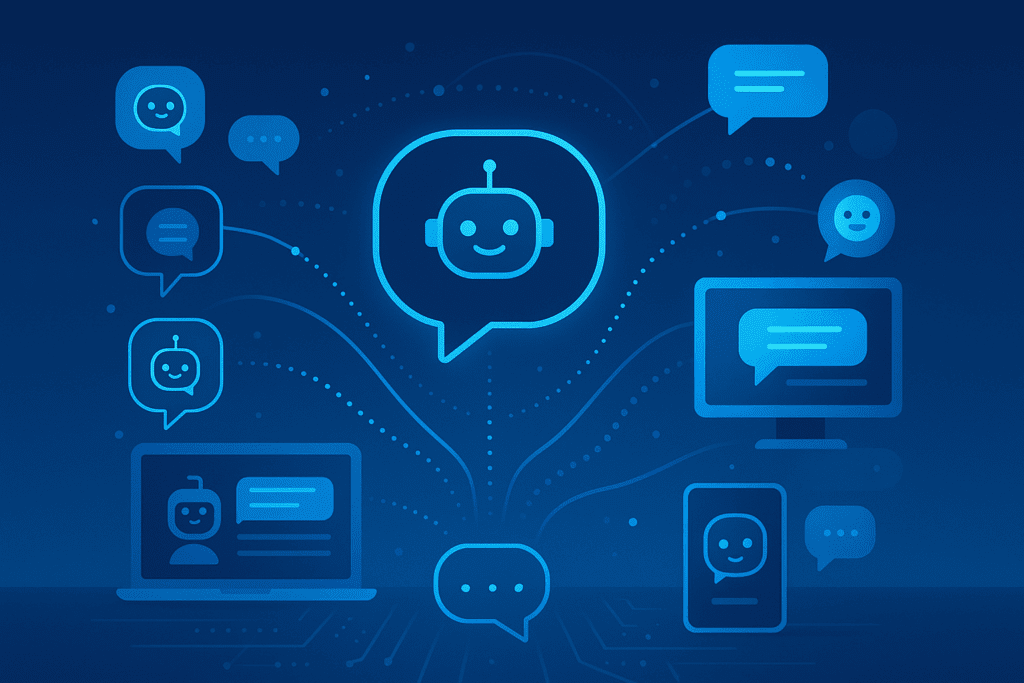 Rappresentazione astratta di una rete di chatbot e agenti AI connessi tra diversi dispositivi digitali, simbolo di comunicazione e cooperazione intelligente.