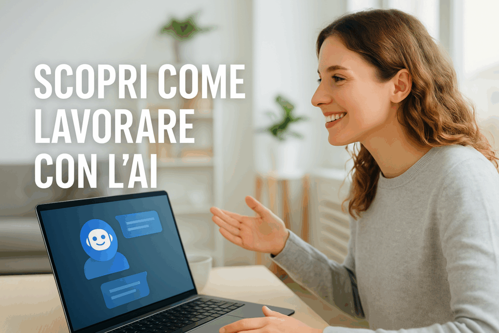 Professionista sorridente che interagisce con un chatbot su laptop, simbolo di collaborazione tra esseri umani e intelligenza artificiale.