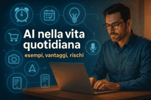 Blog Persona che utilizza smartphone, laptop e assistente vocale in una casa moderna e luminosa, simbolo dell’integrazione dell’intelligenza artificiale nella vita di tutti i giorni.