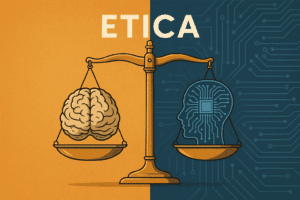 Blog Illustrazione simbolica con una bilancia che pesa un cervello umano e un circuito digitale, rappresentazione dell’equilibrio tra etica e tecnologia nell’era dell’intelligenza artificiale.