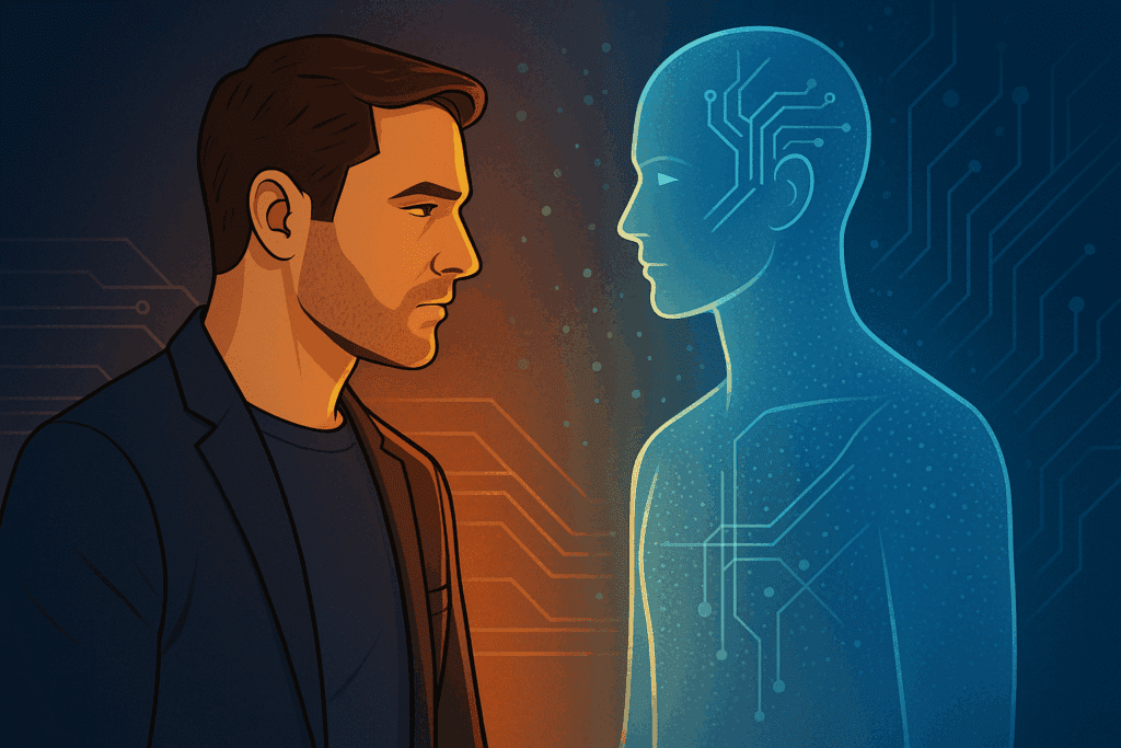Illustrazione di un uomo che osserva un ologramma semi-trasparente dal volto digitale, simbolo dell’incontro tra etica umana e intelligenza artificiale.