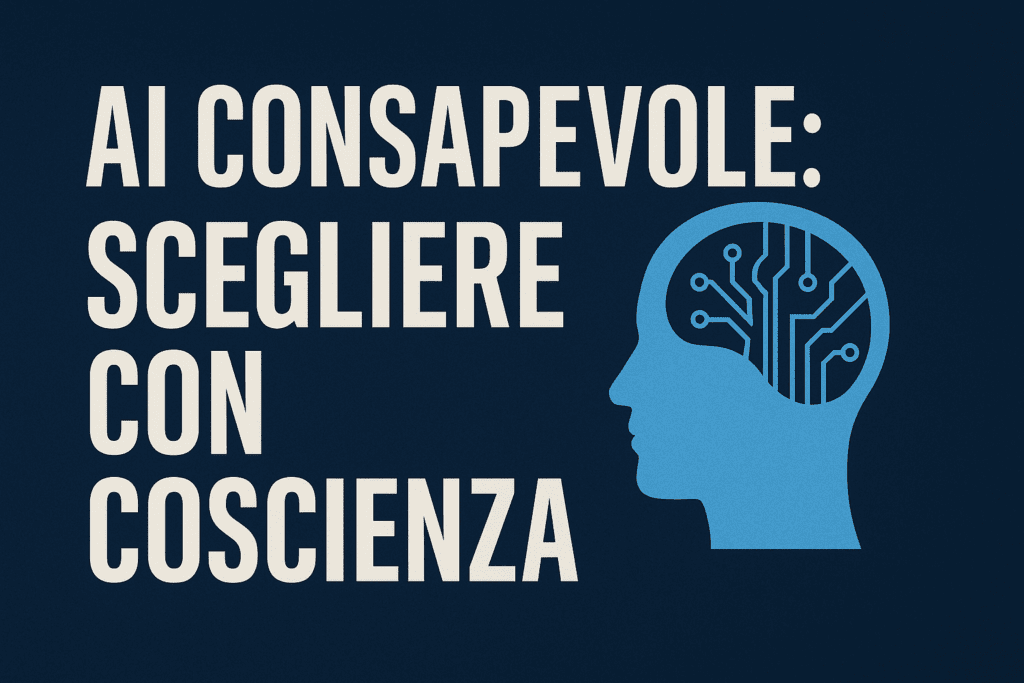 Grafica con la scritta “AI consapevole: scegliere con coscienza” accanto al profilo di una testa blu con circuiti elettronici, simbolo della consapevolezza etica nell’uso dell’intelligenza artificiale.